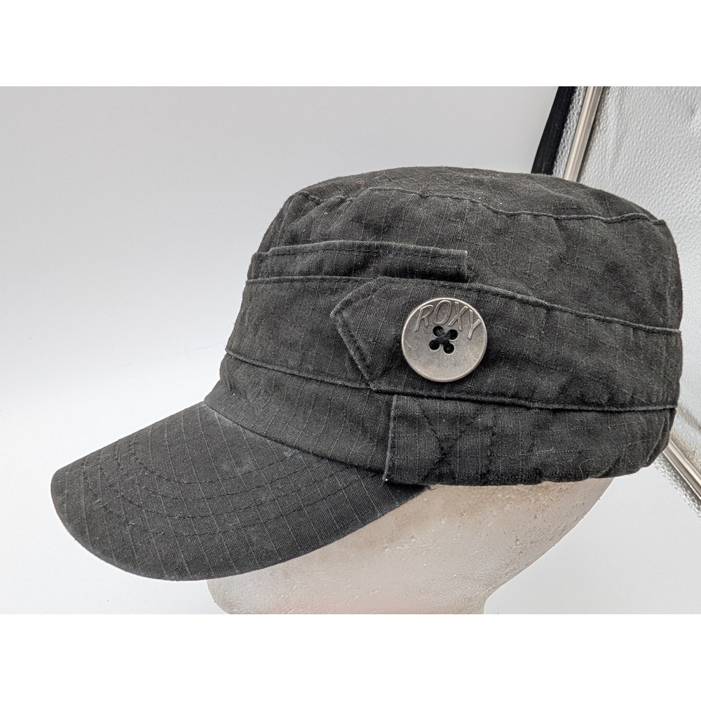 Roxy Womens Black Ripstop Military Cadet Hat Adjustable Strap Side Buttons